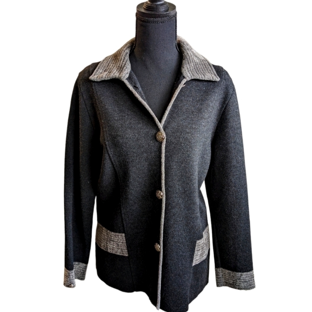 Mary Dee cardigan in size medium based on measurements. Grey wool and acrylic